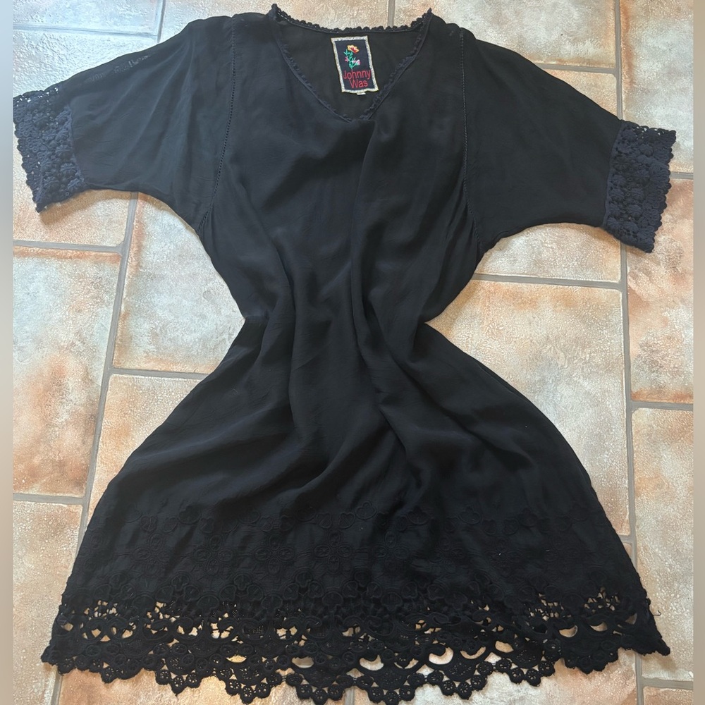 Johnny Was Black Floral Embroidered  midi dress